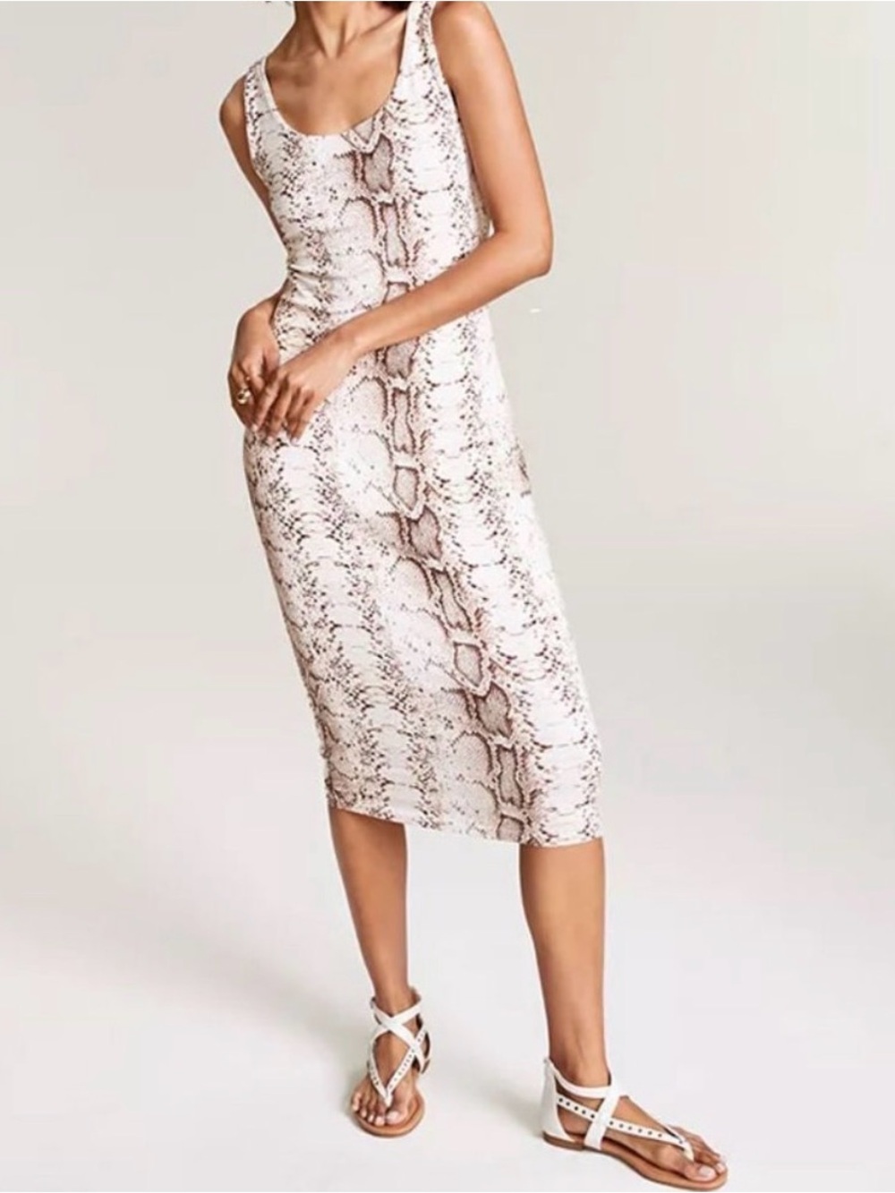 Sleeveless Snake Print Bodycon Dress in Beige